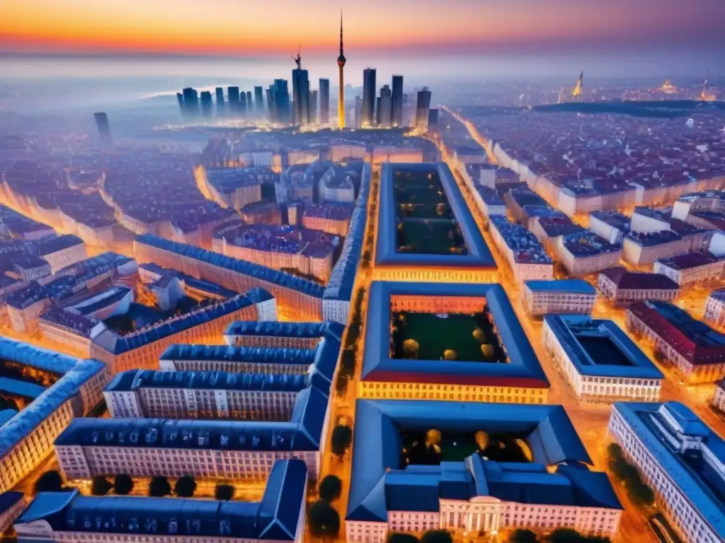 Vibrante mix de arquitectura: ciudad en Europa del Este Vista aérea detallada de una ciudad bulliciosa en Europa del Este, con mezcla de arquitectura histórica y rascacielos modernos