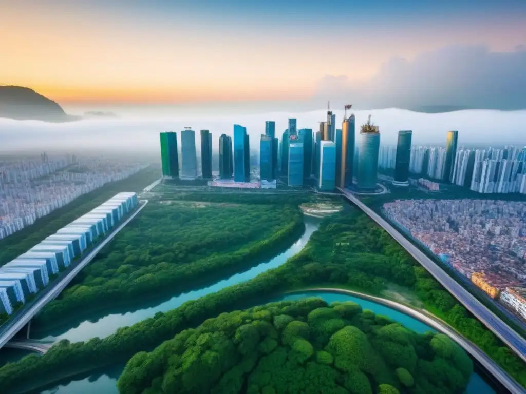 Vibrante ciudad del Sudeste Asiático: modernidad y tradición Vista aérea detallada de una ciudad bulliciosa del Sudeste Asiático, con rascacielos modernos y arquitectura tradicional