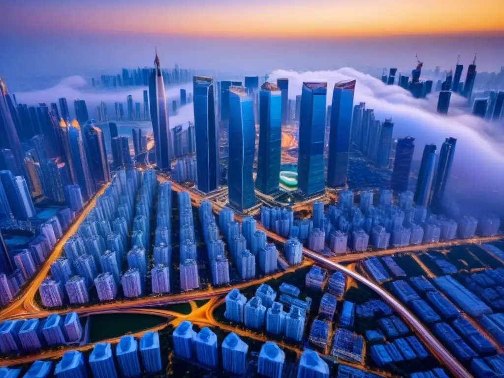 Metrópolis futurista: tendencias globales en bienes raíces Una vista aérea detallada de una ciudad futurista, reflejando las tendencias mercado inmobiliario internacional