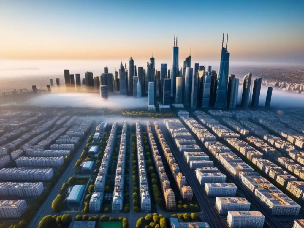 Horizonte futurista: ciudad moderna al atardecer Vista aérea detallada de una ciudad futurista con rascacielos y espacios verdes, reflejando el potencial del mercado inmobiliario emergente