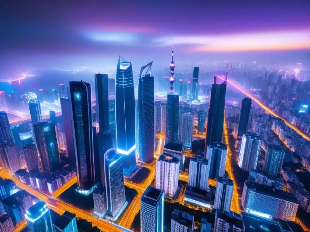 Metrópolis futurista: red de rascacielos iluminados en Asia Vista aérea detallada de una ciudad asiática futurista, con rascacielos interconectados por líneas de energía, iluminados con neón
