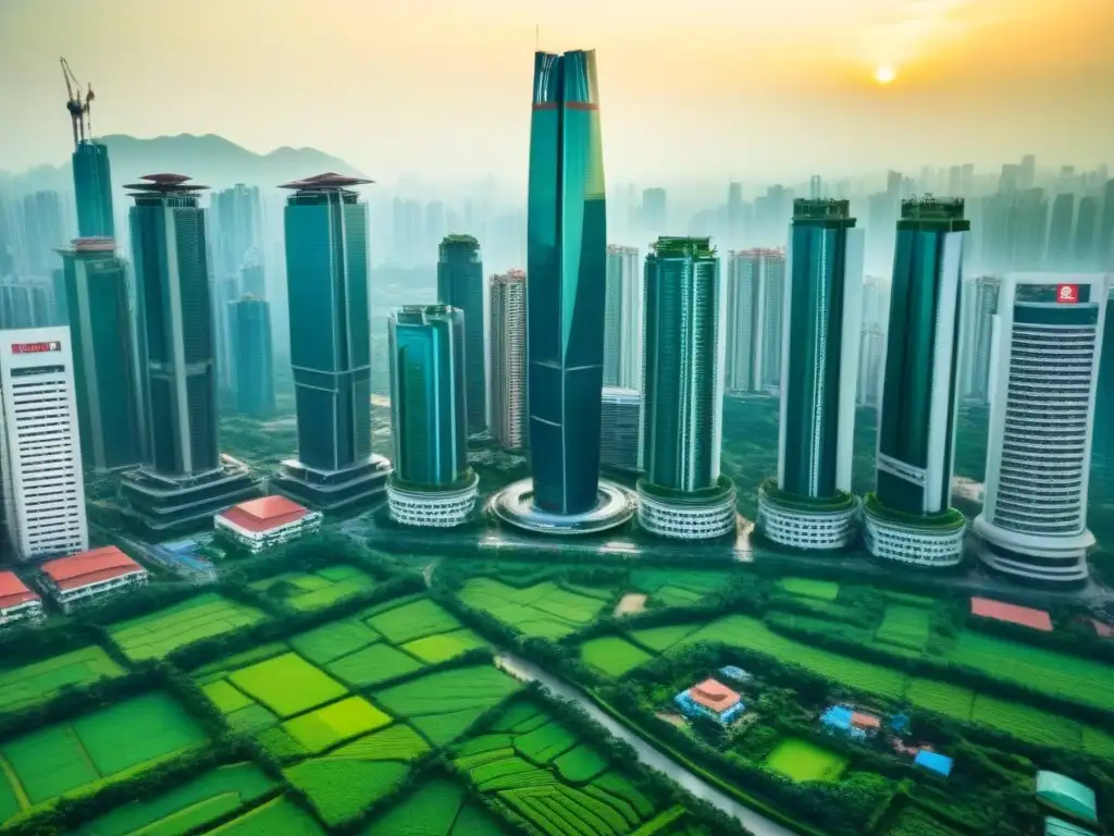 Metrópolis futurista: paisaje urbano innovador en Asia Vista aérea detallada de una ciudad bulliciosa en Asia, mostrando una red de rascacielos entrelazados con espacios verdes y arquitectura futurista