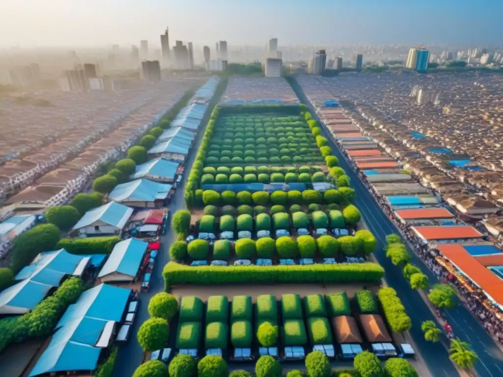 Vista aérea detallada de ciudad en África Subsahariana: mezcla arquitectura tradicional y moderna, reflejando tendencias mercado inmobiliario