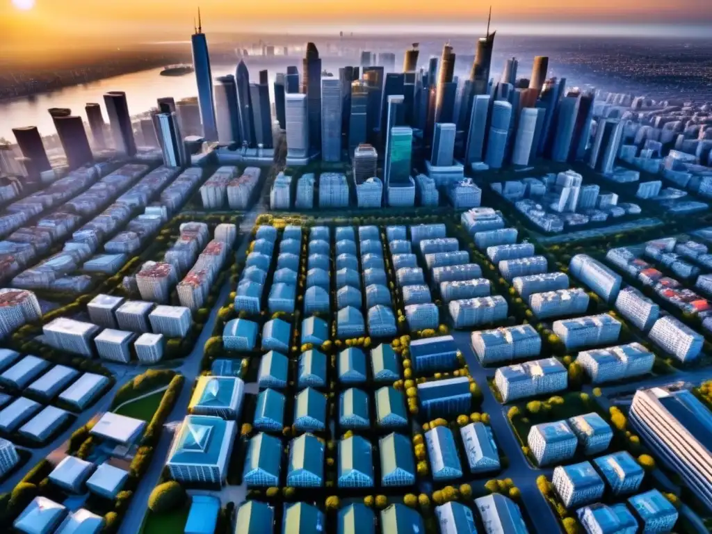 Metrópolis futurista: luces y sombras en el atardecer Vista aérea detallada de una ciudad futurista con rascacielos, áreas verdes y diseño arquitectónico innovador