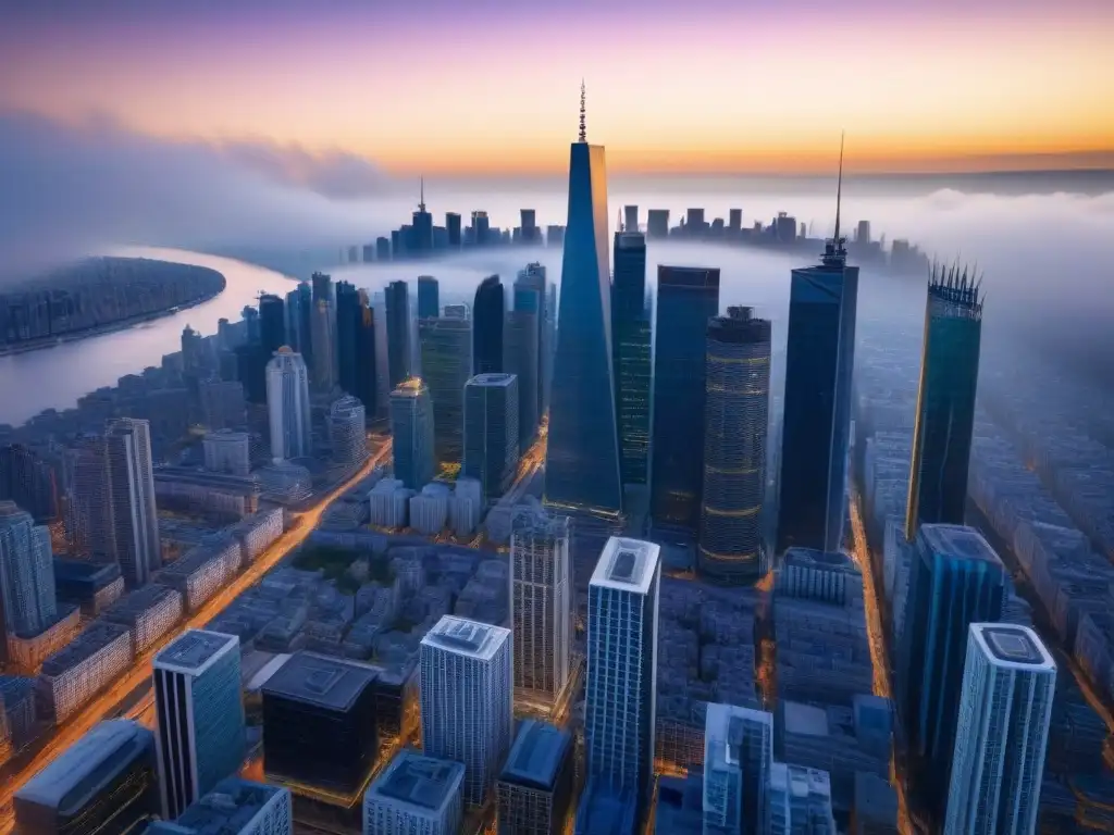 Metrópolis vibrante: fusión arquitectónica histórica y futurista en 8k Vista aérea detallada de ciudad vibrante con tendencias mercado inmobiliario internacional