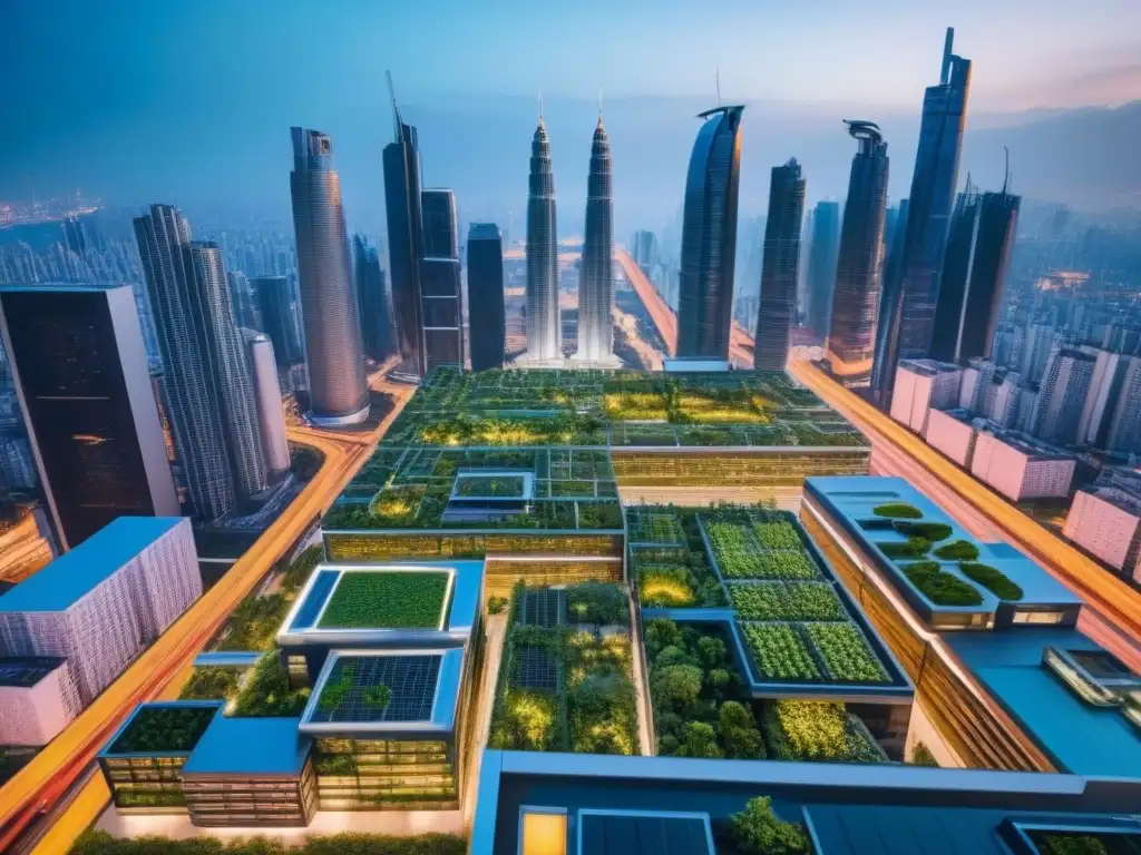 Metrópolis futurista: rascacielos, jardines verticales y luces neón Vista aérea detallada de una ciudad futurista con rascacielos, jardines verticales y luces neón