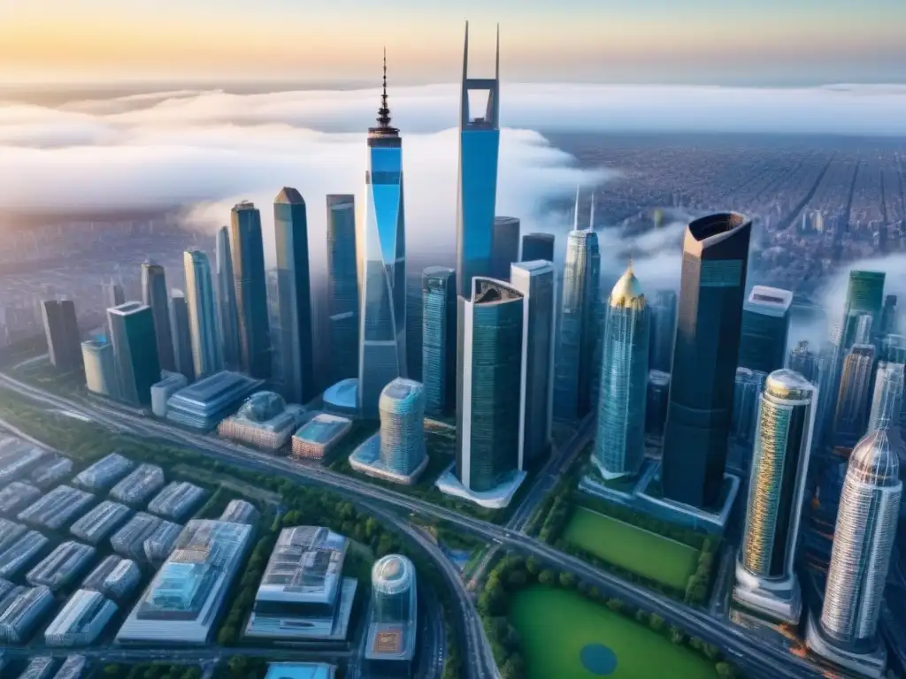 Vista aérea detallada de ciudad vibrante con rascacielos modernos Vista aérea detallada de una ciudad bulliciosa con rascacielos modernos en un mercado inmobiliario internacional