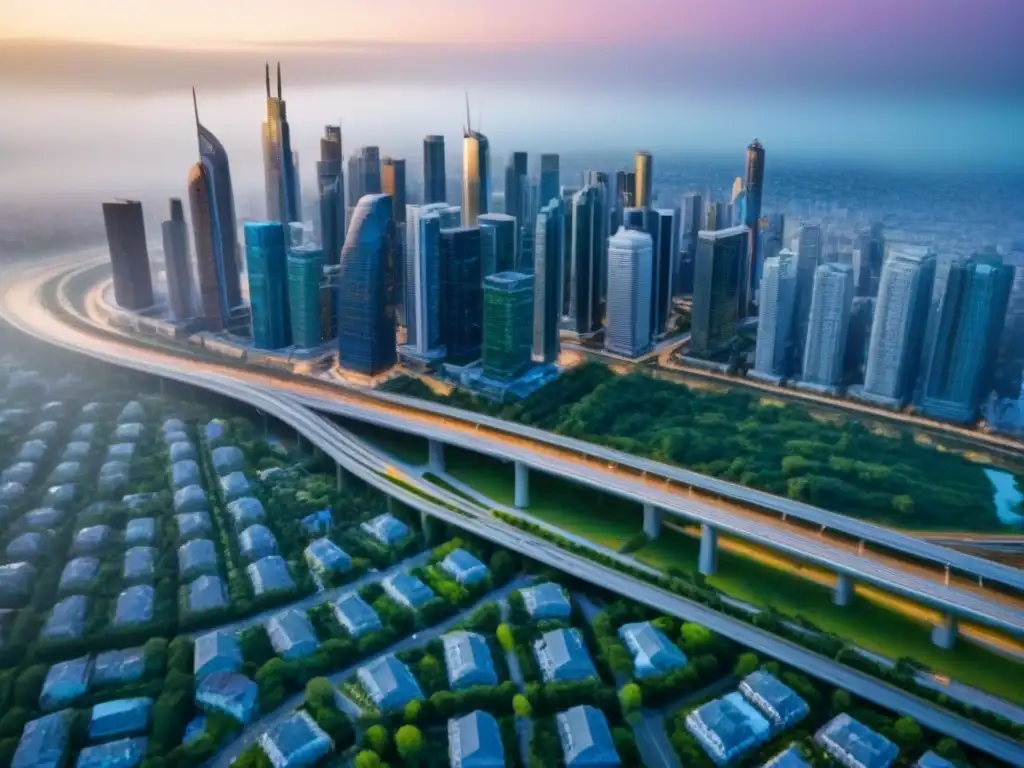 Metrópolis moderna: paisaje urbano interconectado y vibrante Vista aérea detallada de una ciudad moderna con Desarrollos inmobiliarios movilidad urbana