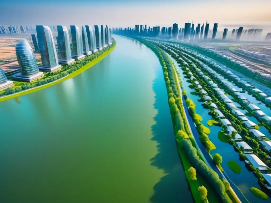 Vista aérea impresionante de ciudad fronteriza futurista Vista aérea detallada de una ciudad fronteriza moderna con edificios altos y transporte futurista sobre un río