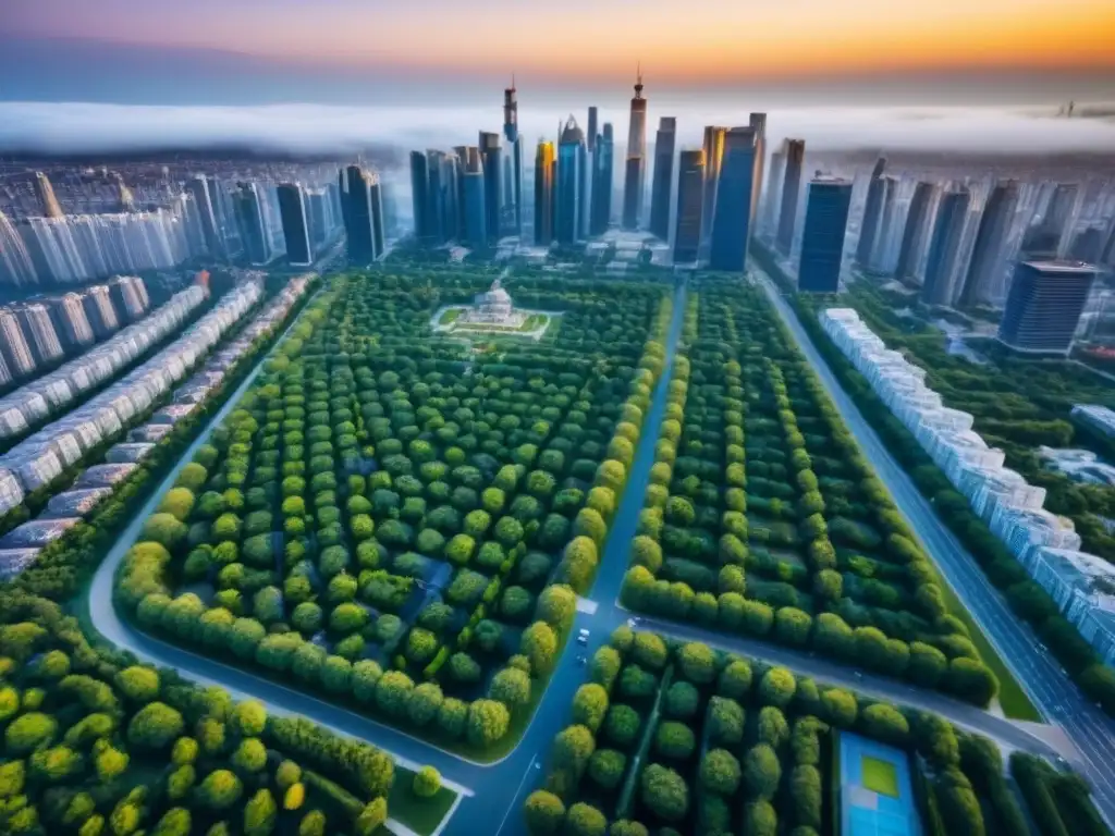 Vista aérea detallada de ciudad moderna con drones Vista aérea detallada de una ciudad moderna con rascacielos, calles animadas y parques verdes, bajo un cielo azul