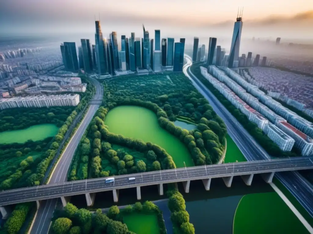 Metrópolis moderna: ciudad dinámica entre rascacielos y espacios verdes Vista aérea detallada de una ciudad dinámica con rascacielos, áreas verdes y movimiento urbano