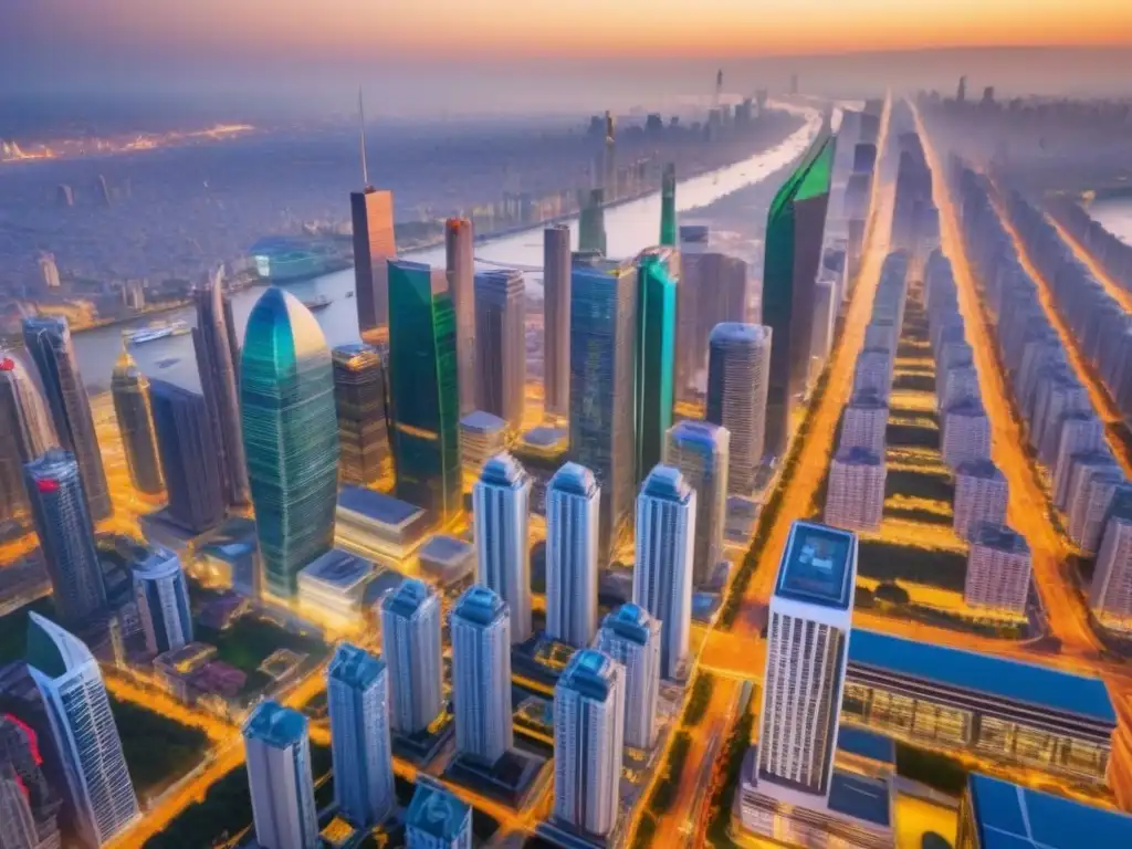 Metrópolis vibrante: auge inmobiliario en ciudad emergente Vista aérea detallada de una ciudad en mercado inmobiliario emergente, con rascacielos futuristas y áreas comerciales vibrantes al atardecer