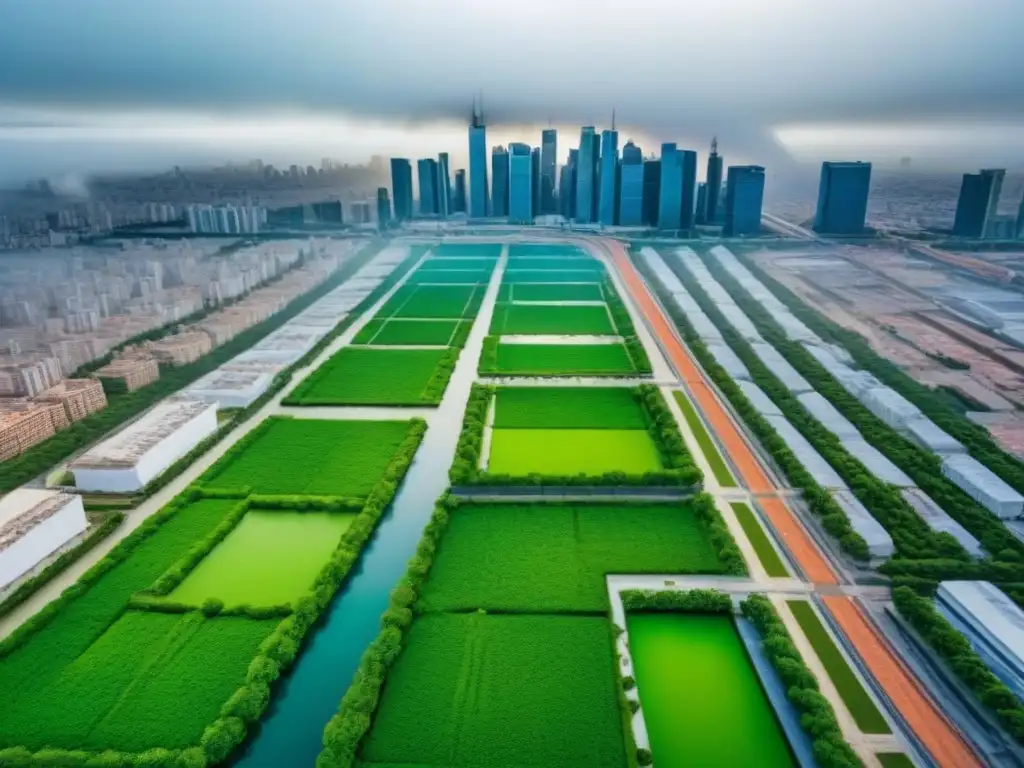 Metrópolis dinámica: desarrollo urbano y migración interna Vista aérea detallada de una ciudad vibrante con arquitectura diversa, nuevos proyectos inmobiliarios y espacios verdes, simbolizando el impacto de la migración en la urbe