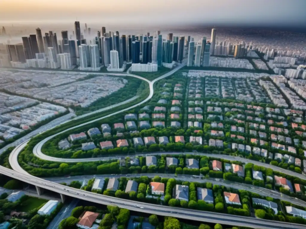 Metrópolis vibrante: vista aérea detallada de una ciudad en crecimiento Vista aérea detallada de una ciudad bulliciosa con diversos barrios y red de transporte