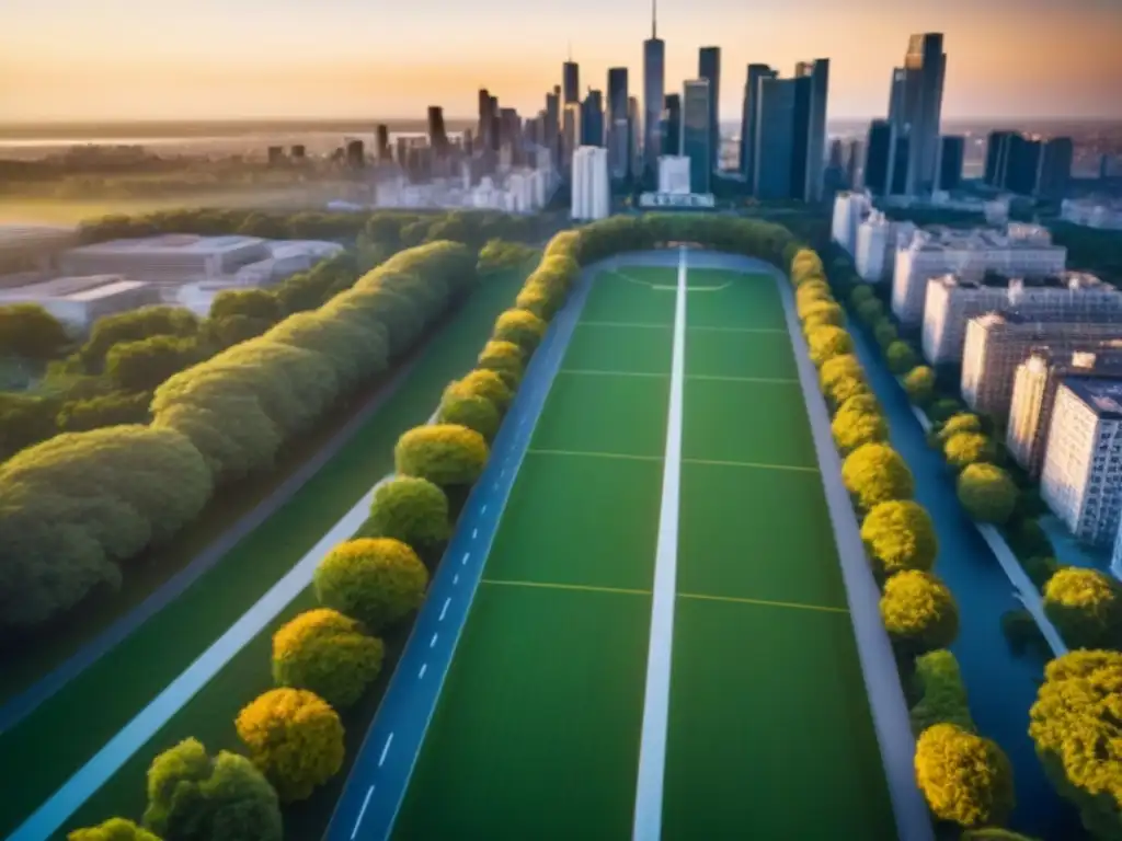 Metrópolis sostenible: armonía urbana y natural al atardecer Vista aérea detallada de una ciudad metropolitana con rascacielos modernos rodeados de áreas verdes, ciclovías y calles peatonales al atardecer