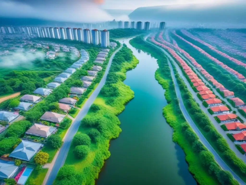 Vista aérea detallada de ciudad fronteriza vibrante Vista aérea detallada de una ciudad fronteriza vibrante, con diversidad arquitectónica y activa actividad urbana