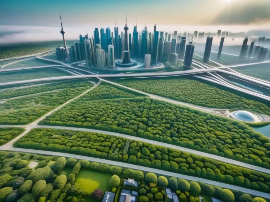 Metrópolis futurista: innovación y sostenibilidad en América del Norte Vista aérea detallada de una ciudad futurista en Norteamérica con edificios sostenibles, tecnología avanzada y diversidad comunitaria