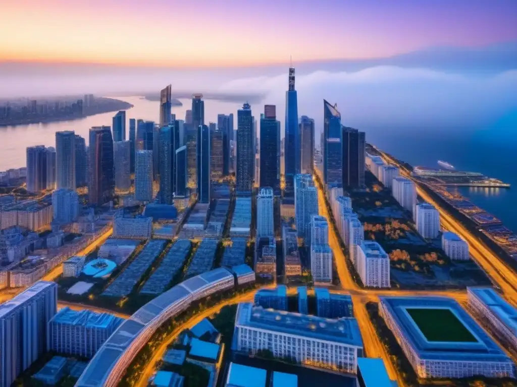 Esplendor urbano: ciudad moderna al atardecer Vista aérea detallada de una ciudad moderna al anochecer, con rascacielos lujosos, luces brillantes y un bullicioso paseo marítimo