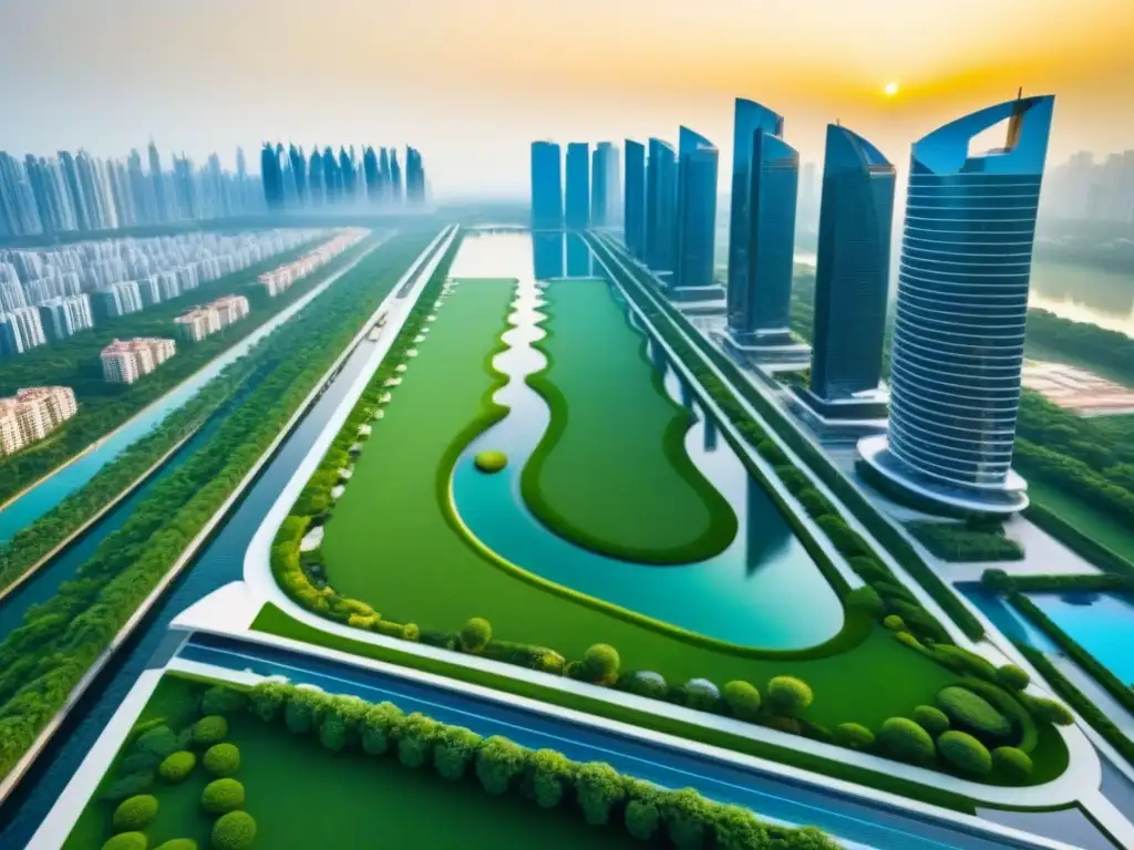 Metrópolis de lujo: rascacielos, naturaleza y opulencia al atardecer Vista aérea detallada de ciudad pionera en bienes raíces de lujo, con rascacielos, jardines en azoteas e infinity pools al atardecer