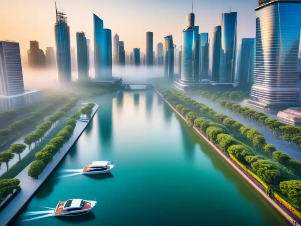 Metrópolis de lujo: atardecer en la ciudad futurista Una vista aérea detallada de una ciudad futurista con rascacielos modernos y lujosos, espacios verdes y agua brillante al atardecer