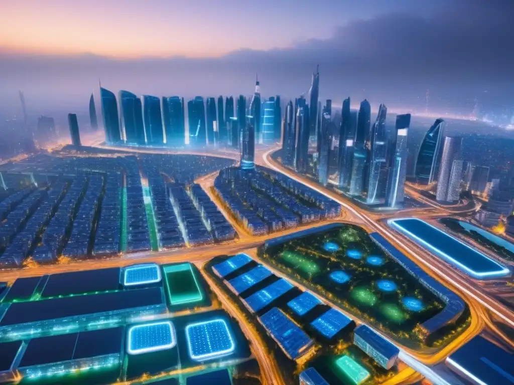 Metrópolis inteligente del futuro: innovación y sostenibilidad Vista aérea detallada de una ciudad inteligente futurista, transmitiendo innovación y sostenibilidad