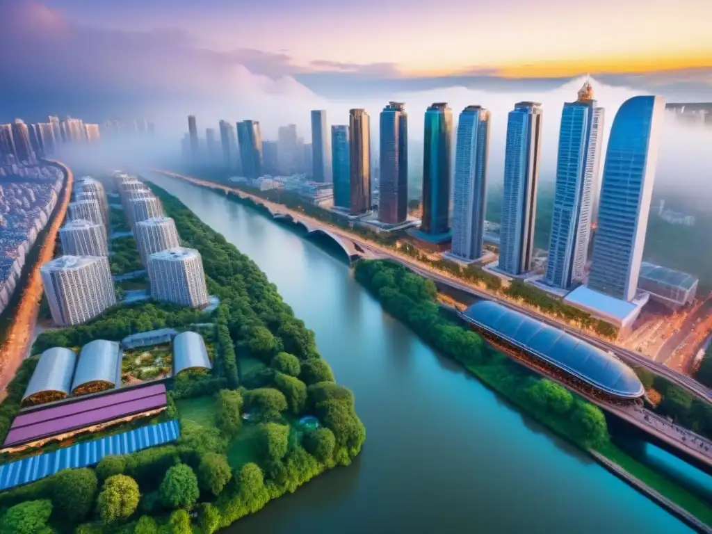 Cityscape vibrante: fusión de historia y modernidad Vista aérea detallada de una ciudad vibrante con arquitectura tradicional y moderna, rodeada de naturaleza y ríos