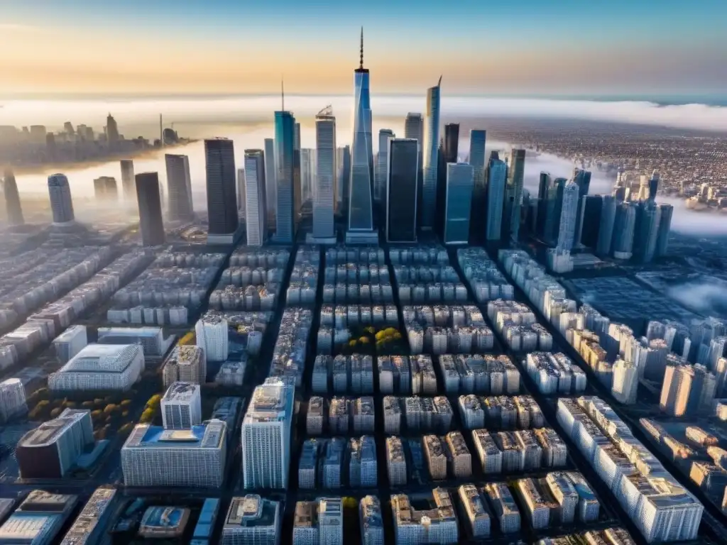 Metrópolis moderna: skyline dinámico y resiliente en luz cálida Vista aérea detallada de una ciudad vibrante con rascacielos modernos y fachadas de vidrio reflectante, iluminada por el cálido sol