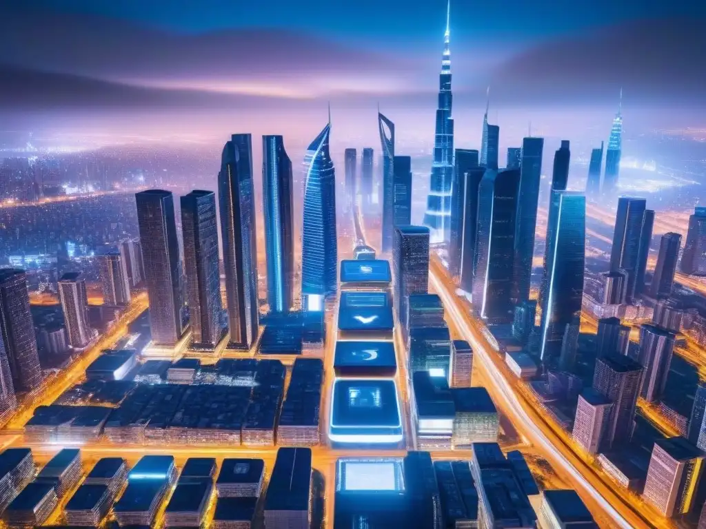 Metrópolis futurista nocturna: innovación inmobiliaria Vista aérea detallada de una ciudad futurista de noche con rascacielos iluminados y calles llenas de vehículos autónomos