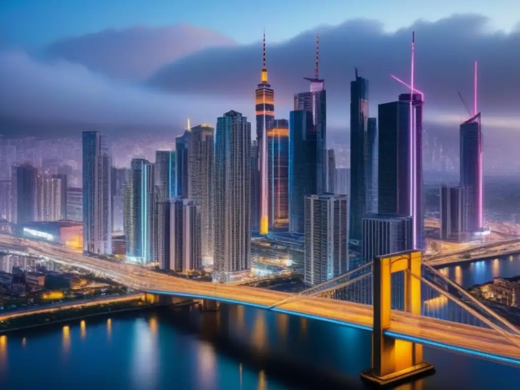 Vista aérea detallada de ciudad moderna en la noche Vista aérea detallada de ciudad con rascacielos y redes viales iluminadas de noche, reflejando el mercado inmobiliario internacional vanguardia
