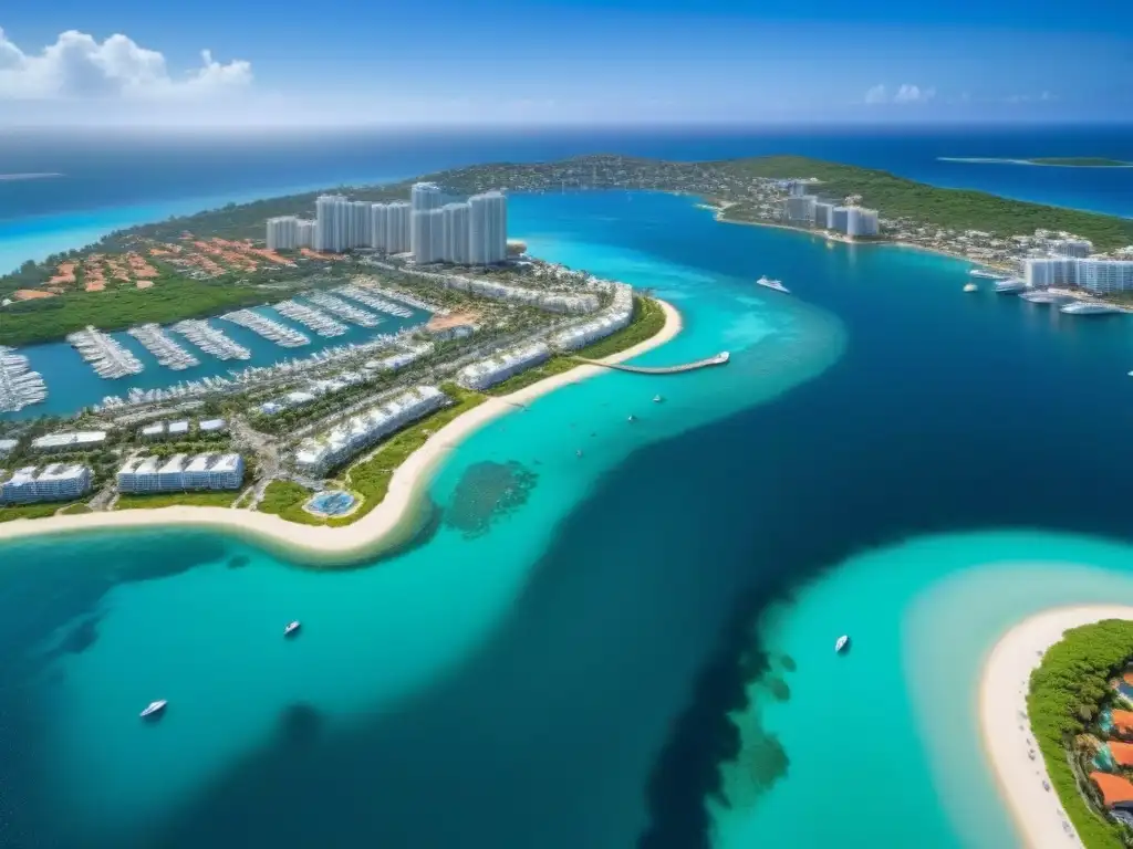 Vista aérea detallada de ciudad costera: lujo y prosperidad Vista aérea detallada de ciudad costera con hoteles lujosos, restaurantes elegantes y marina repleta de yates