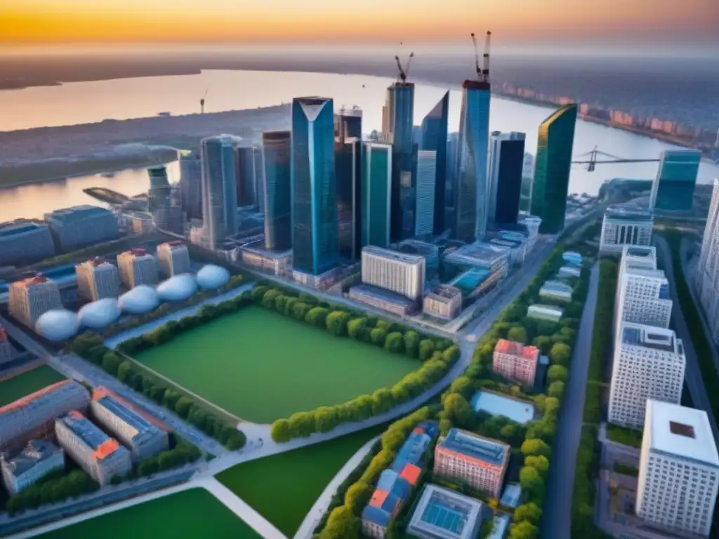 Vibrante ciudad al atardecer: historia y modernidad en armonía Vista aérea detallada de una ciudad bulliciosa al atardecer, mostrando edificios históricos, rascacielos modernos y parques verdes