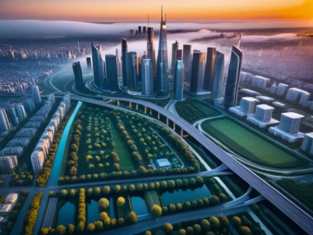 Metrópolis futurista: arquitectura innovadora y sostenible al atardecer Vista aérea detallada de una ciudad futurista con rascacielos, espacios verdes y sistemas de transporte avanzados integrados