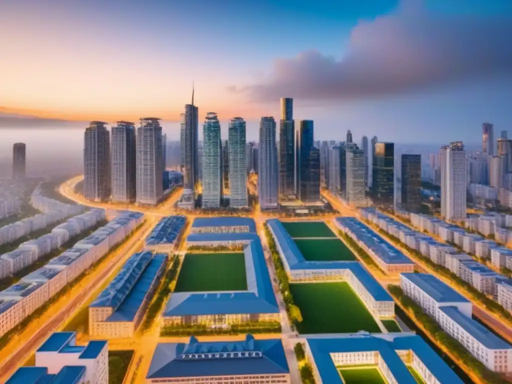 Vista aérea detallada de ciudad moderna al atardecer Vista aérea detallada de una ciudad bulliciosa con rascacielos modernos, parques verdes y calles llenas de gente y autos al atardecer