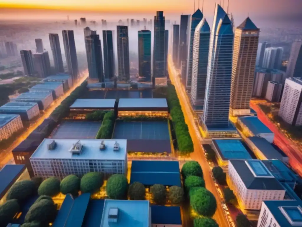 Vibrante atardecer urbano: modernidad y naturaleza en armonía Vista aérea detallada de una ciudad bulliciosa al anochecer, con rascacielos modernos proyectando largas sombras sobre calles vibrantes llenas de personas y tráfico