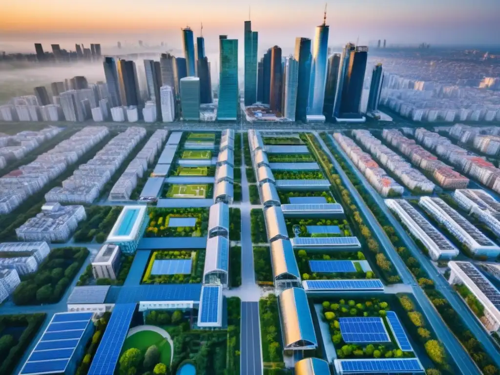 Metrópolis sostenible: diseño urbano postpandemia Vista aérea detallada de una ciudad pospandemia con arquitectura moderna y diseño sostenible