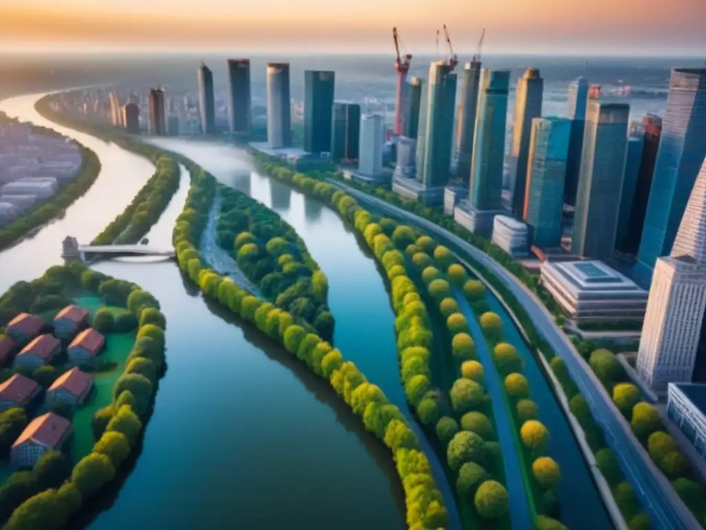 Vista aérea detallada de ciudad en crecimiento al atardecer Vista aérea detallada de una ciudad bulliciosa al atardecer con una mezcla de estilos arquitectónicos