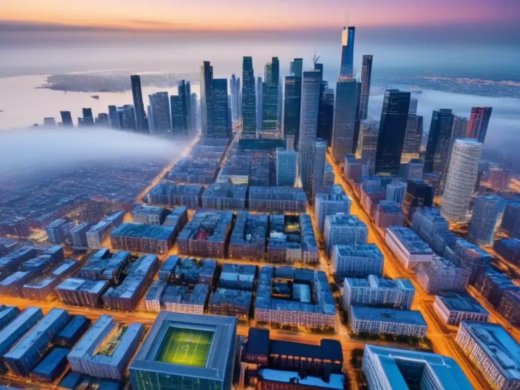 Cityscape en Recesión: Contrastes Urbanos Vista aérea detallada de ciudad en recesión con contrastes en bienes raíces internacionales