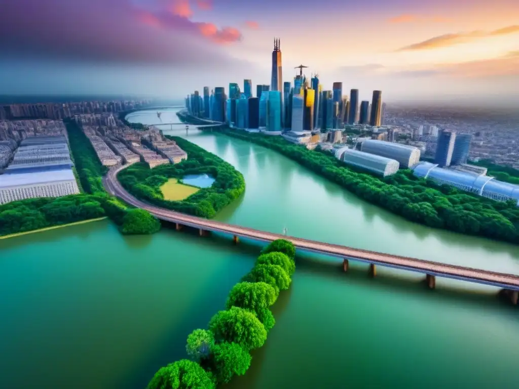 Metrópolis vibrante: paisaje urbano futurista y histórico Vista aérea detallada de una ciudad vibrante, con rascacielos futuristas y edificios históricos, rodeada de parques verdes y ríos brillantes