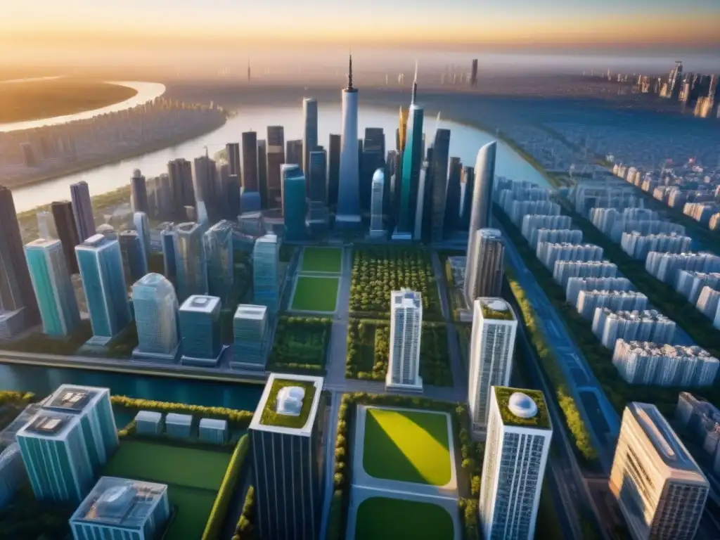 Cityscape futurista: armonía entre naturaleza y modernidad Vista aérea detallada de una ciudad futurista con rascacielos, calles concurridas y espacios verdes, bajo la cálida luz del atardecer