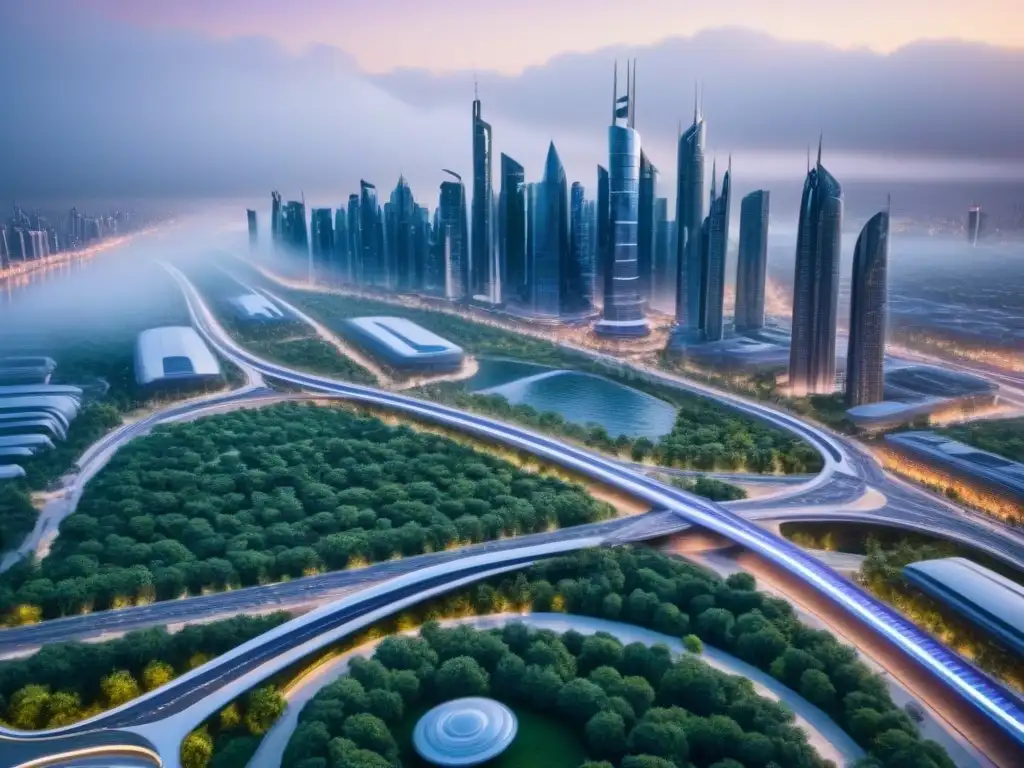 Metrópolis futurista: diseño sostenible y tecnológico en la era postCOVID Vista aérea detallada de una ciudad futurista con rascacielos avanzados, áreas verdes y redes de transporte, destacando la integración de tecnología y diseño sostenible en el desarrollo urbano