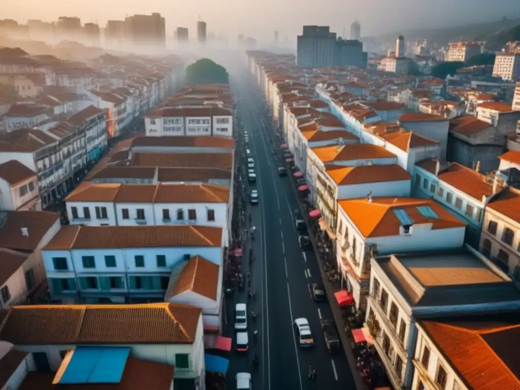 Contraste urbano: ciudad en desarrollo entre lo antiguo y lo moderno Vista aérea detallada de una ciudad en desarrollo, mostrando contraste entre estructuras antiguas y modernas