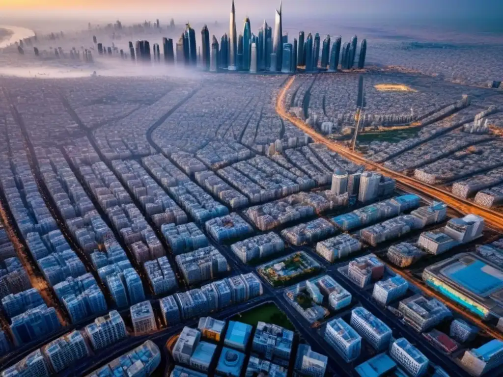 Vista aérea detallada de ciudad dinámica en Oriente Medio Vista aérea detallada de una ciudad bulliciosa en Oriente Medio, con rascacielos modernos, mercados vibrantes y calles llenas de gente diversa