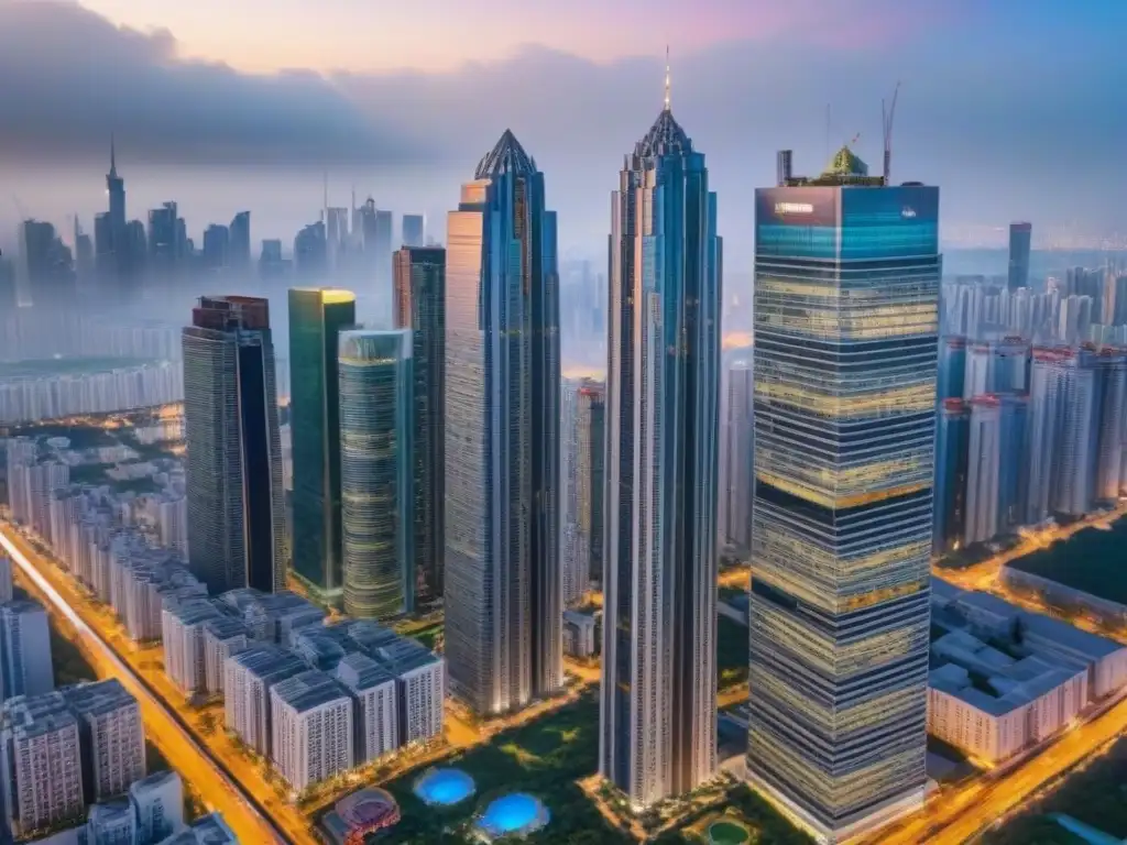 Vibrante mercado inmobiliario para inversores internacionales Vista aérea detallada de una ciudad bulliciosa con rascacielos modernos y edificios de lujo, reflejando un mercado inmobiliario vibrante para inversores internacionales