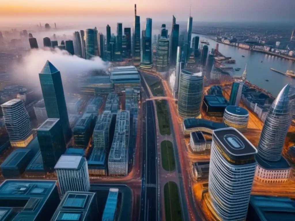 Mercado inmobiliario postBrexit: Ciudad vibrante con historia y modernidad Vista aérea detallada de una ciudad bulliciosa con arquitectura histórica y rascacielos modernos, reflejando el mercado inmobiliario internacional post-Brexit