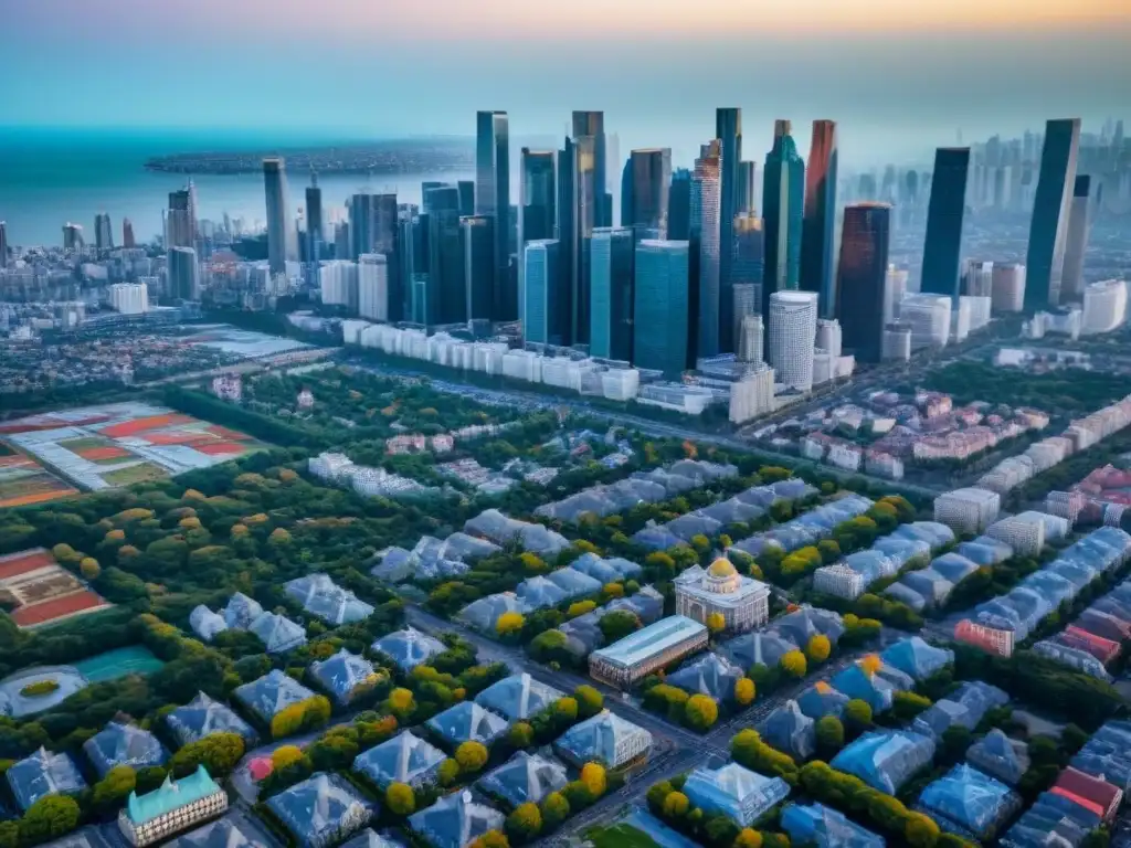 Panorámica urbana: Mercado inmobiliario internacional en alta definición Vista aérea detallada de ciudad vibrante con diversidad arquitectónica y gente activa
