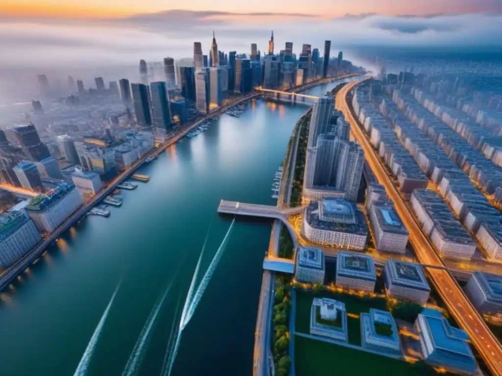 Metrópolis global: arquitectura diversa y vibrante Vista aérea detallada de una ciudad bulliciosa con arquitectura moderna e histórica, reflejando las regulaciones del mercado inmobiliario global