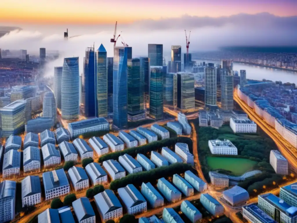 Metrópolis vibrante: arquitectura histórica y moderna en Brexit Vista aérea detallada de una ciudad bulliciosa con arquitectura histórica y rascacielos modernos, junto a colinas y un río