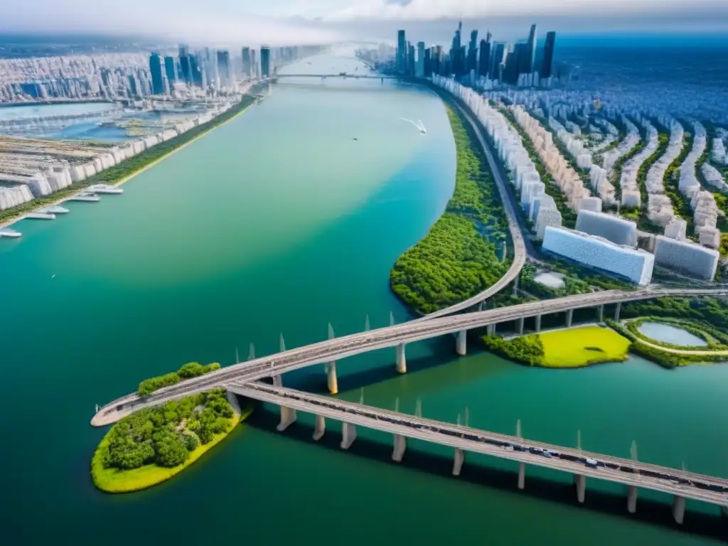 Impulso inmobiliario: Ciudad costera moderna y verde Vista aérea detallada de una ciudad bulliciosa con rascacielos, condominios de lujo y edificios de oficinas interconectados por autopistas y puentes