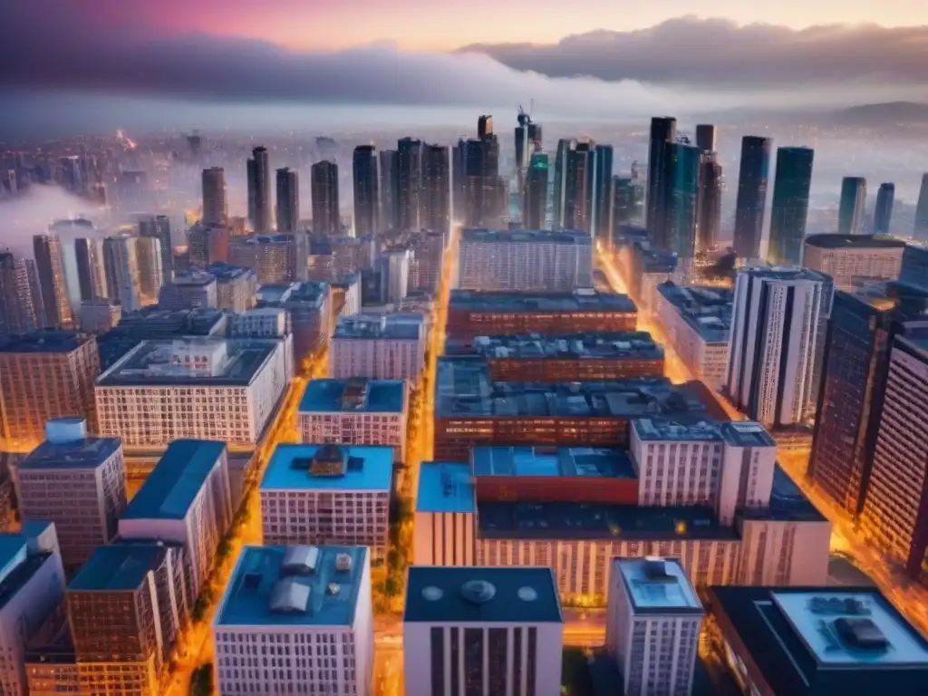 Metrópolis global: diversidad arquitectónica y seguridad inmobiliaria Vista aérea detallada de una ciudad bulliciosa con edificios de diferentes estilos arquitectónicos y normativas de seguridad inmobiliaria global