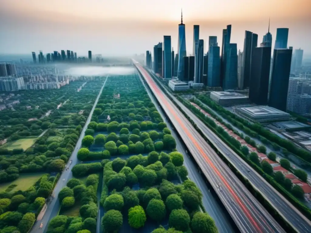 Metrópolis en Auge: Ciudad Vibrante y Urbanización Rápida Vista aérea detallada de una ciudad bulliciosa con rascacielos, calles llenas de autos, peatones y espacios verdes